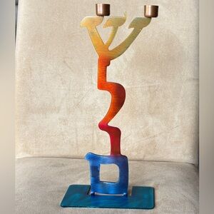 Candlestick Shalom by Lynn Rae Lowe Metal Sculpture Multicolor